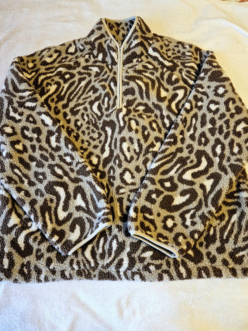 BDG Animal-Print Teddy Quarter-Zip Jacket in Brown & Cream